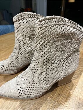 Beige Crochet Ankle Booties - Women's Woven Detail